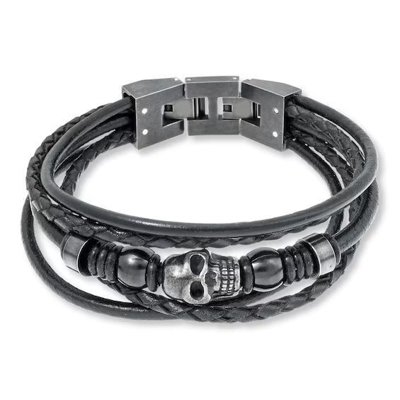 Men’s Black Leather Skull Bracelet – 9"