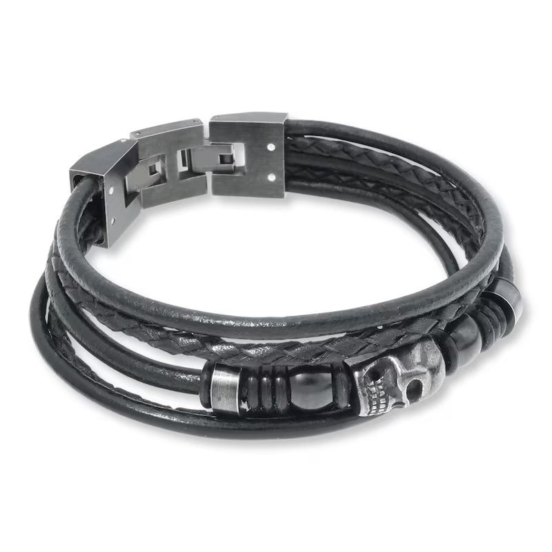 Men’s Black Leather Skull Bracelet – 9"
