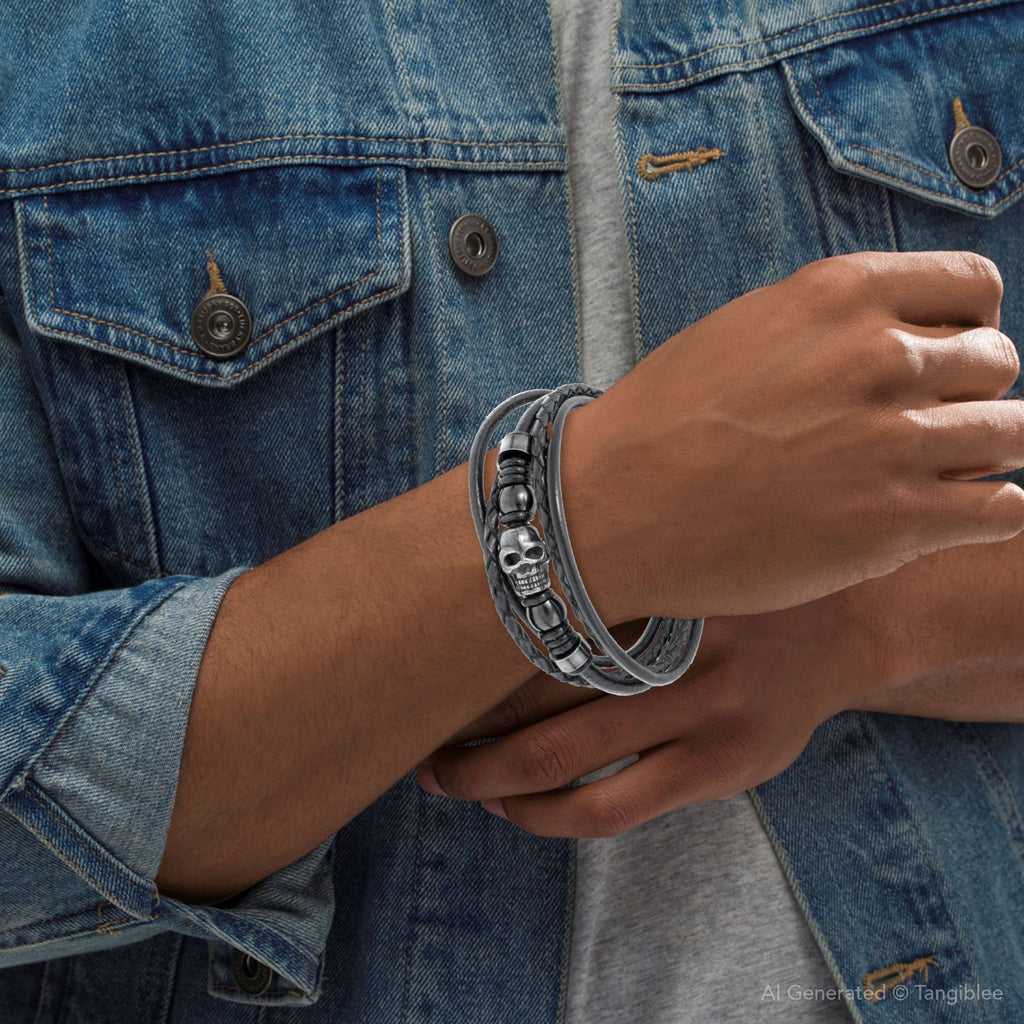 Men’s Black Leather Skull Bracelet – 9"